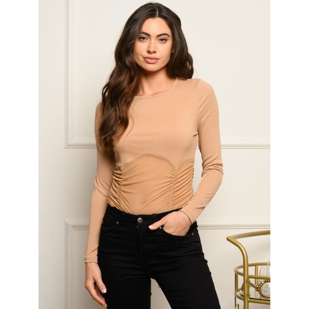 Women’s  Long Sleeve  Ruched  Mesh BODYSUIT Beige Size Large